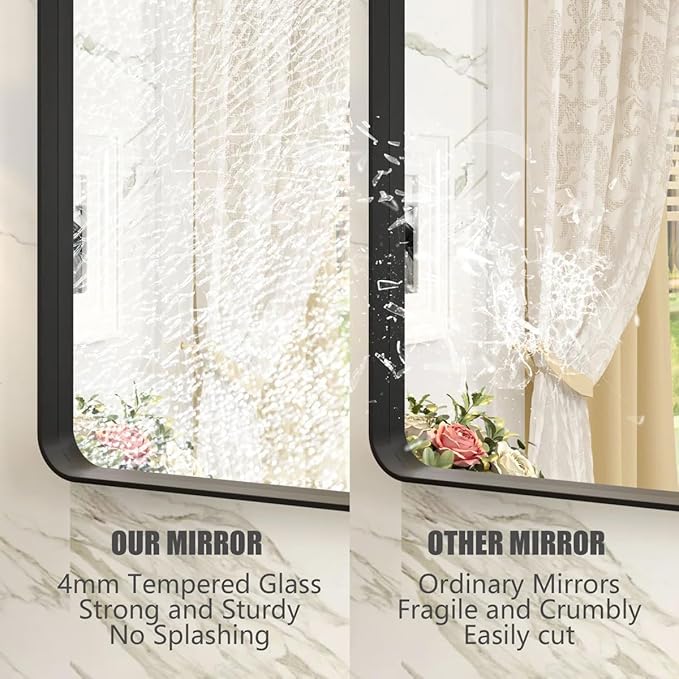 48x40 Inch Black Metal Framed Bathroom Mirror for Wall, Large Rounded Rectangle Mirror, Matte Black Bathroom Vanity Mirror, Anti-Rust, Shatterproof, Hangs Horizontally or Vertically