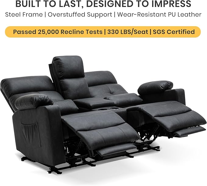 GUEAPY 68" Power Reclining Loveseat with Heat & Massage, Wall Hugger Double Reclining Sofa with Console, Cup Holders & Storage, Power Recliner Couch for Camper, Trailer, RV, Home Theater Living Room