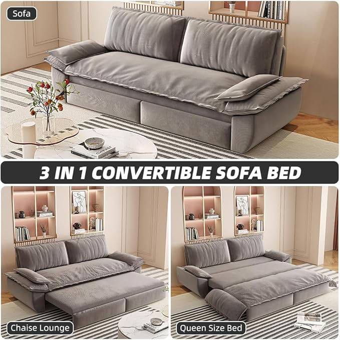 KEIKI 73.2" Queen Sleeper Couch, 3-in-1 Convertible Pull Out Sofa Bed with Adjustable Backrest, Modern Velvet Loveseat Sofa for Office Lounge Studio Apartment Multi Functional Furniture
