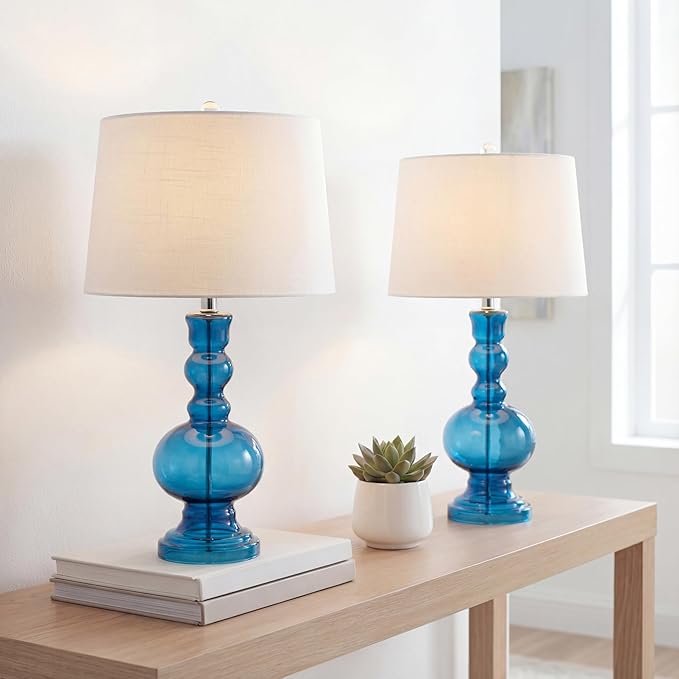 JONATHAN Y 28.5" Night Blue Glass Table Lamp Set of 2 for Living Room Bedroom Decor, Modern Bedside Lamps with White Linen Shade, LED Bulbs Included (JYL1061C-SET2)