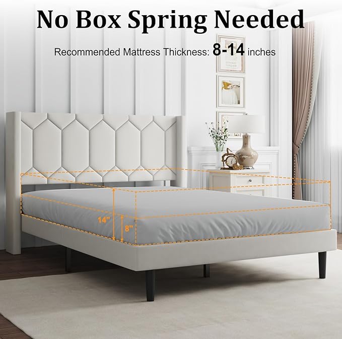 Full Size Bed Frame with Velvet Upholstered Headboard, Platform Bed Frame No Box Spring Needed, Modern Bedframe with Strong Wooden Slats, Beige