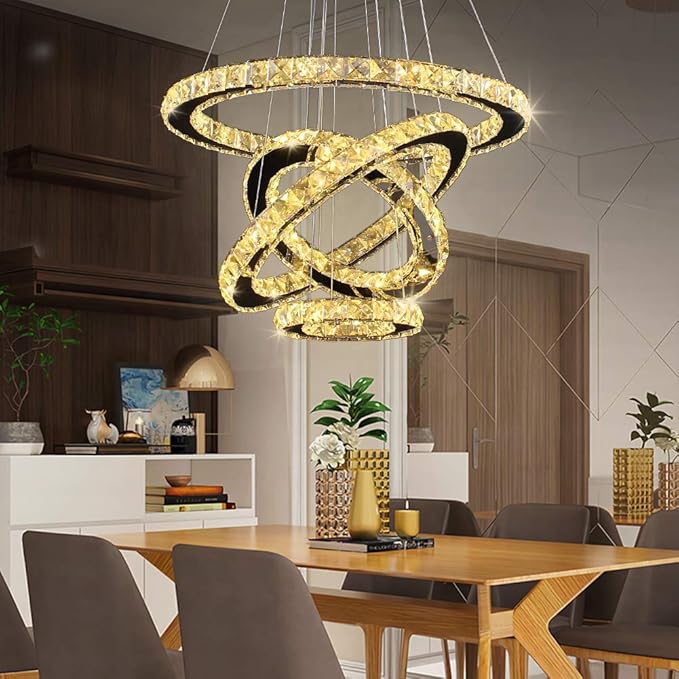 TongLan Modern 4-Ring Crystal LED Chandelier, Adjustable Height 11.8-47.2 in, K9 Crystal & Stainless Steel, 2700-3500K Warm White, Non-Dimmable, for Foyer Staircase Living Room Dining Room