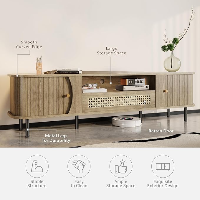 basenji 71" Fluted TV Stand with Sliding Doors & Rattan,Mid Century Modern Entertainment Center with Storage,Curved Edge Design,Media Console for TVs up to 85",TV Consoles for Living Room,Oak