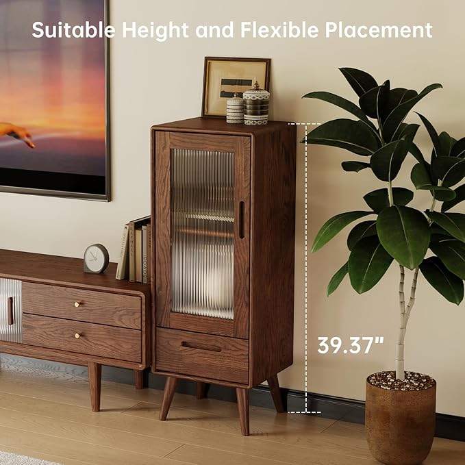 100% Solid Oak Storage Cabinet, Mid Century Modern Buffet Cabinet with Storage, Wooden Sideboard with Door and Adjustable Shelves for Living Room, Kitchen(12.6"D x 14.9"W x 39.3"H, Walnut)