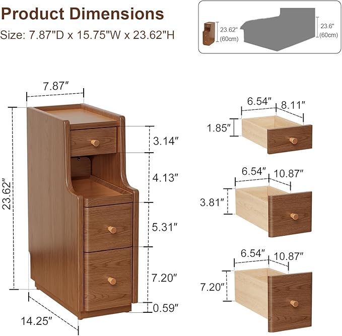 Narrow Nightstand with 3 Drawers,Solid Wood Narrow Bedside Table Walnut, Modern Skinny Nightstand for Bedroom(Fully Assembly)