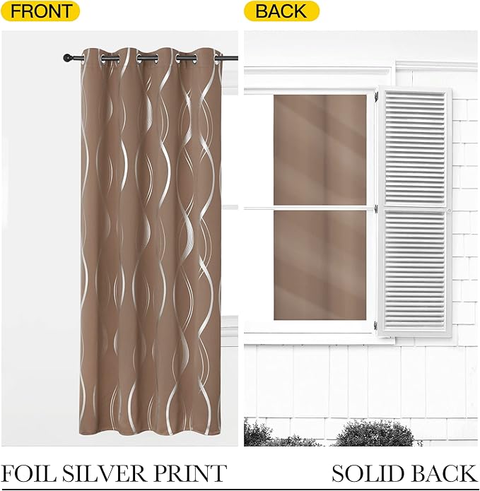 NICETOWN Bedroom Small Blackout Curtain Panels, Window Treatment Thermal Insulated Solid Grommet Blackout Wave Line Foil Print Design Drapes for Kitchen, Cafe, Loft (Cappuccino, Set of 2, 42" by 63")