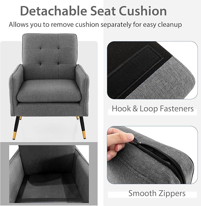 Giantex Modern Mid-Century Accent Chair - Upholstered Armchair with Tufted Back, Metal Legs, Adjustable Foot Pads, Linen Fabric Single Sofa Chair for Reading, Living Room Chair for Bedroom, Grey