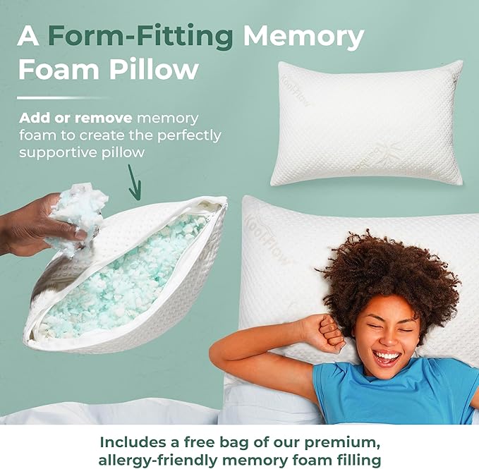 Snuggle-Pedic Adjustable Memory Foam Pillows - ﻿GreenGold Certified Pillow w/ Viscose of Bamboo Cover for Side, Stomach & Back Sleepers - Made in the USA - ﻿Standard