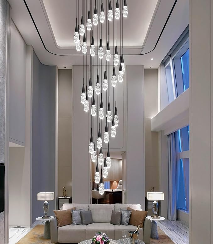 36-Lights 197 Inches Large Modern Chandelier LED Light Fixtures High Ceiling Long Light Chandelier for Entrance Foyer Dimmable Lights with Remote Living Room Ceiling Pendant Lighting Black