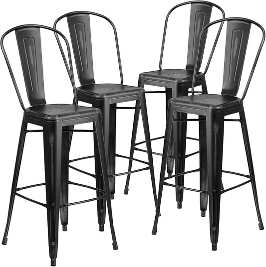 Flash Furniture Blake Commercial Grade 4 Pack 30" High Distressed Black Metal Indoor-Outdoor Barstool with Back