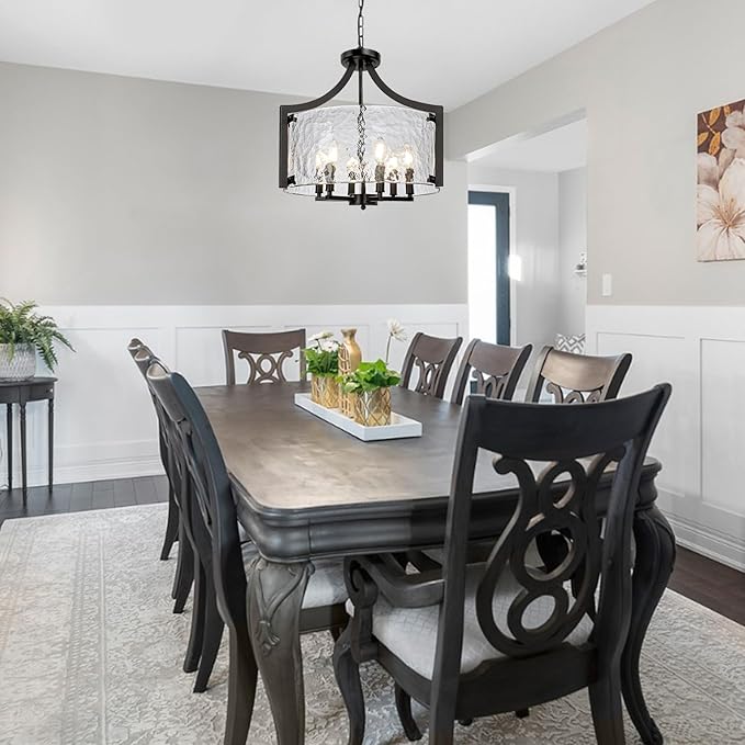 6-Light Black Chandelier, Glass Hanging Pendant Lighting, Convertible Semi Flush Mount Ceiling Light Fixture Modern Textured Glass Chandeliers for Dining Room Kitchen Foyer Entryway