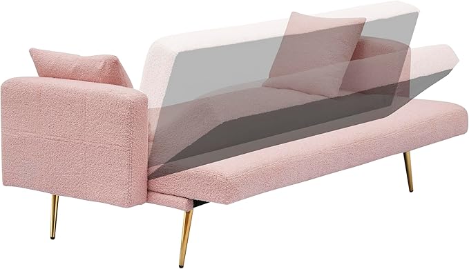 Eafurn Tufted Futon Sofa Bed, Teddy Futon Loveseat Couch Adjustable Recliner Sleeper Sofa Bed with Golden Metal Legs and 2 Pillows for Living Room, Apartment, Office,Small Love Seat | Golden Legs, Wood Frame
