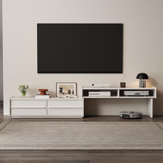 Solid Wood TV Stand for TVs up to 65 Inch，extendable tv Stand with Storage and Shelf for Living Room, Bedroom, Offic,Entertainment Center (White)