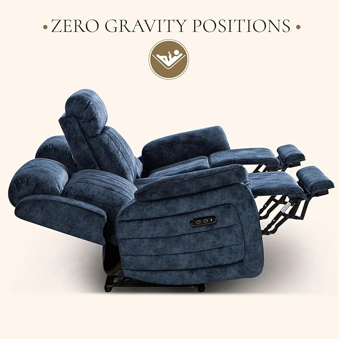 Power Reclining Sofa with Zero Gravity, Electric Reclining Couch with Adjustable Headrest, Wireless Charge, USB/Type-C Ports, 3 Seater Recliner Sofa for Living Room (Blue, 3 Seater Sofa)