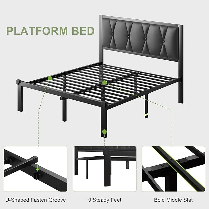 Feonase Queen Size Metal Bed Frame with Faux Leather Button Tufted Headboard, Platform Bed Frame with Heavy Duty Metal Slats, 12" Storage Space, Noise Free, No Box Spring Needed, Black