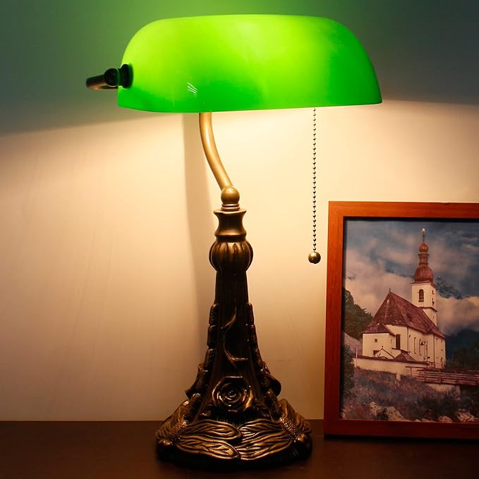 Tiffany Banker Lamp Small Stained Glass Table Lamp Tiffany Style Piano Light Green Glass Style Desk Lamp Angle Adjustable 10.6X15.7Inch for Home Office Living Room Bedroom