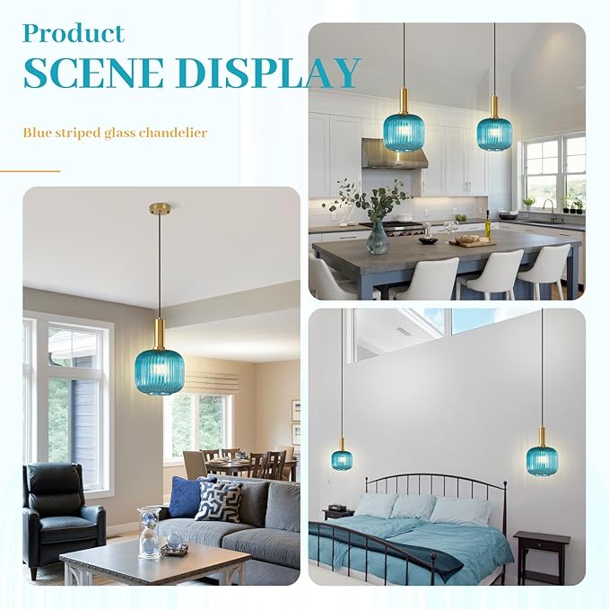 Modern Blue Pendant Light, Glass Hanging Light with Gold Finished, Mid Century Kitchen Lighting Fixture Ceiling Hanging, Coastal Pendant Lighting for Dining Room Kitchen Island