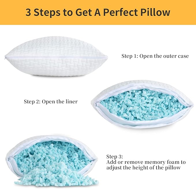 HOMBYS 2 Pcs Extra Firm Bed Pillows for Sleeping, Shredded Memory Foam Pillows King Size, for Side, Back, Stomach Sleepers,40% Viscose Made from Bamboo Cooling Cover