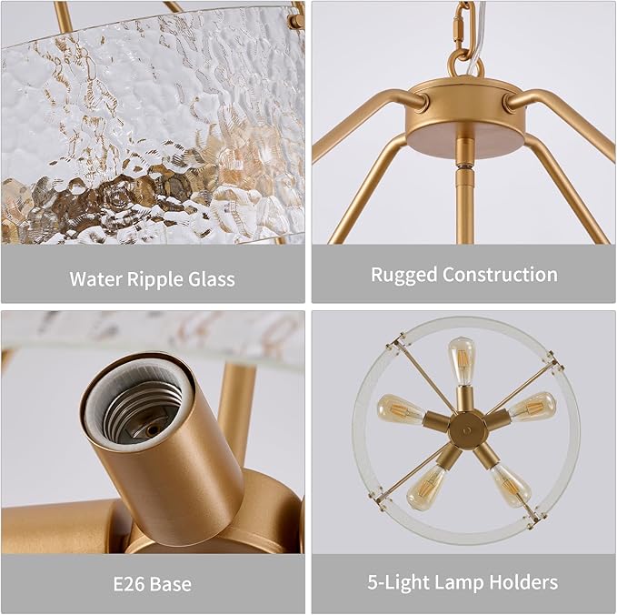 Glass Drum Gold Chandelier for Dining Room 20'' Entryway Light Fixture 5-Light Kitchen Chandeliers Over Table Bedroom Light Fixture for Living Room Hallway Foyer Kitchen
