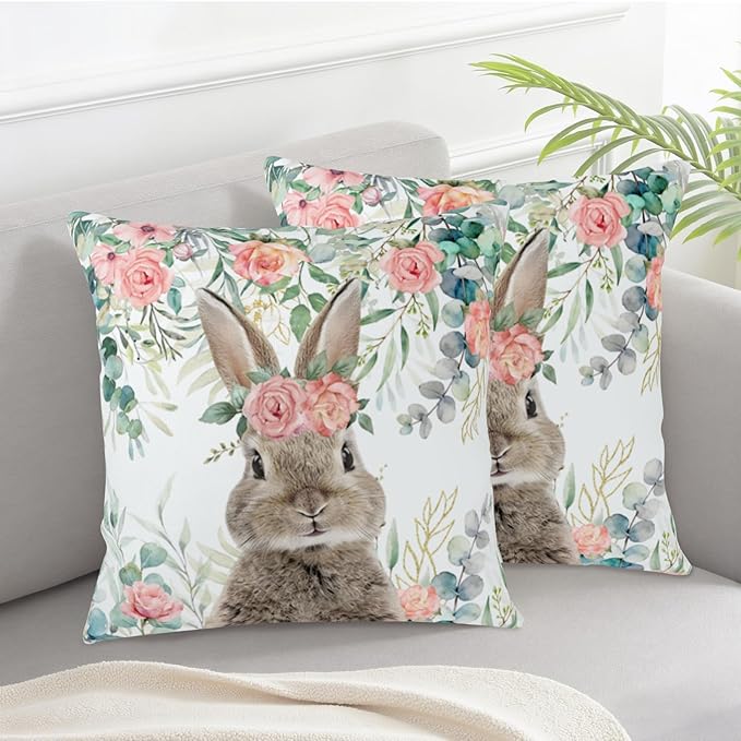 Easter Bunny Outdoor Pillow Covers 24x24 Set of 2 Easter Eucalyptus Leaves Rabbit Throw Pillow Case Spring Watercolor Rose Floral Farmhouse Pillowcase for Home Couch Sofa Decor
