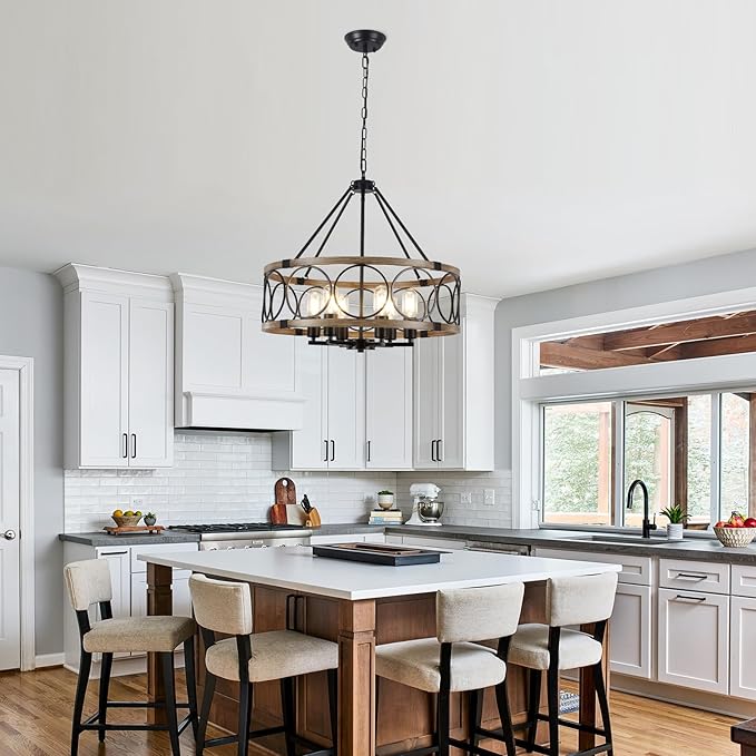 6-Light Farmhouse Chandelier for Dining Room,21'' Black Rustic Industrial Drum Chandeliers Imitation Wood Grain Pendant Light Fixture for Kitchen Island Entryway Foyer Bedroom Hallway,E26 Metal