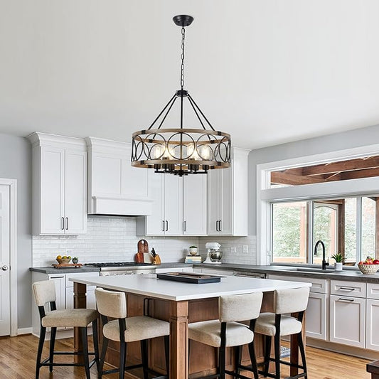 6-Light Farmhouse Chandelier for Dining Room,21'' Black Rustic Industrial Drum Chandeliers Imitation Wood Grain Pendant Light Fixture for Kitchen Island Entryway Foyer Bedroom Hallway,E26 Metal