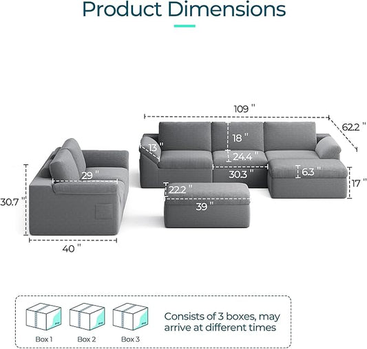 LINSY HOME Modern Boneless Cloud Couch Set with Movable Ottomans, Deep Seat Corduroy Secional Sofa Couch Sets for Living Room, Apartment, Office, No Assembly Required, Grey