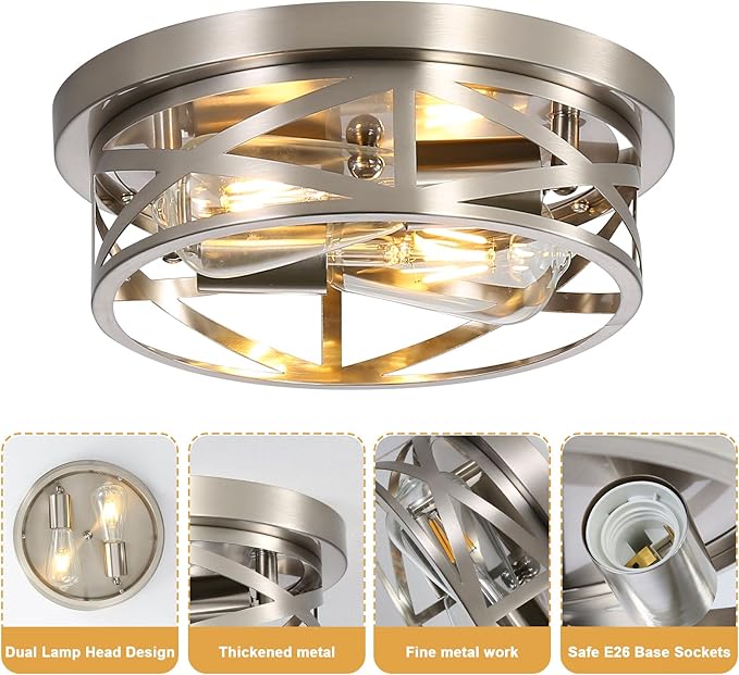 Flush Mount Ceiling Light Fixtures, Indoor Cage Brushed Nickle Close to Ceiling Light, 11 in Metal Modern Rustic Industrial House Lights for Hallway Kitchen Bedroom Entryway Office
