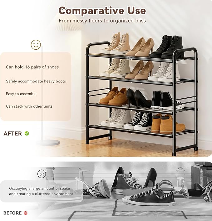4 Tier Shoe Rack, 32.5" Wide Stackable Sturdy Metal Shoe Shelf Storage Organizer with Height-Adjustable for Entryway, Closet, Black