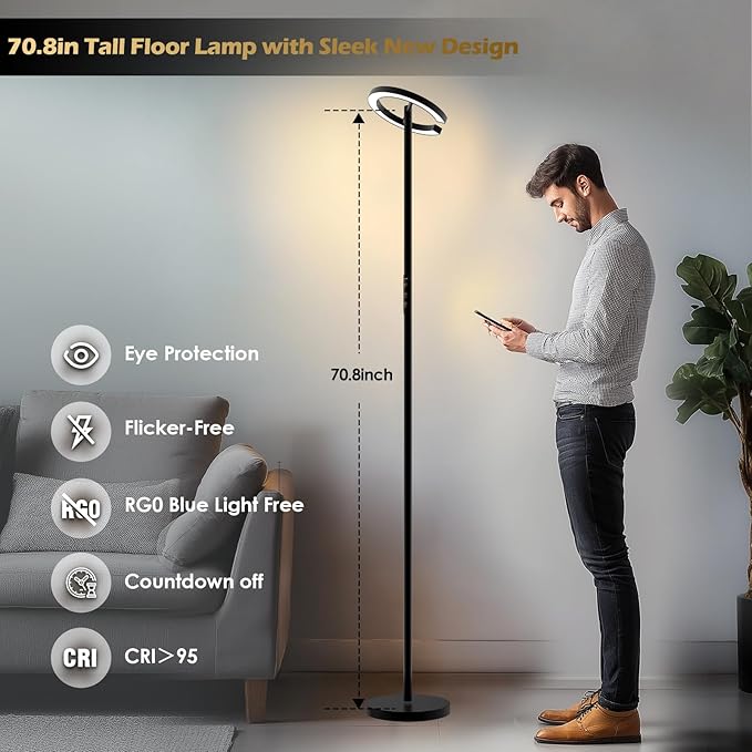 24W LED Floor Lamp with Remote, 70.8" Tall Standing Reading Lamp, Stepless Adjustable Brightness & Color Temps, 350°Rotatable Ring Light, Dimmable, Modern Corner Lamp for Living Room Bedroom Office