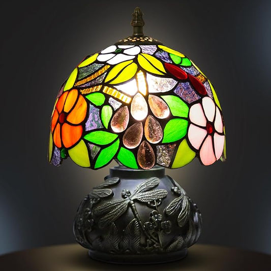 Small Tiffany Table Lamp,Stained Glass Lamp,8 Inch Mushroom Style Mini Vintage Desk Lights for Bedside, Bedroom,Nightstand,Living Room,3 Color Temperature (Grape)