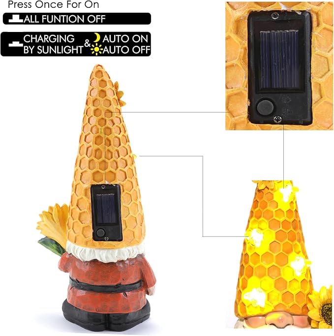 12.3''Garden Gnomes Outdoor Statues Clearance for Garden Decor with Solar Bee Lights,Spring Decorations Gnomes Outside Decor - Sunflower Gift for Women Mom,Yard Art Ornament for Patio Lawn