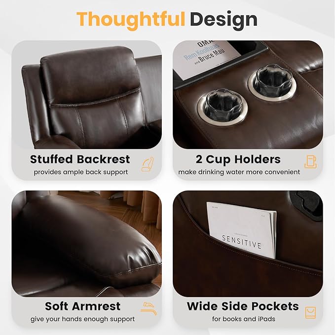 Loveseat Recliner Sofa with Massage & Heating, Reclining Loveseat with Console, RV Wall Hugger Double Loveseat Recliner Couch for Living Room & Home Theater (Brown)