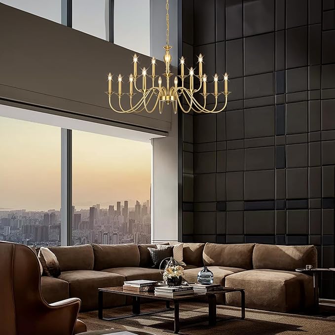 15 Light Gold Chandelier | Large Farmhouse Chandeliers for Dining Room Light Fixtures Over Table | Industrial Candle Hanging Lighting for Foyer | Staircase | Bedroom | Kitchen Island | Restaurants