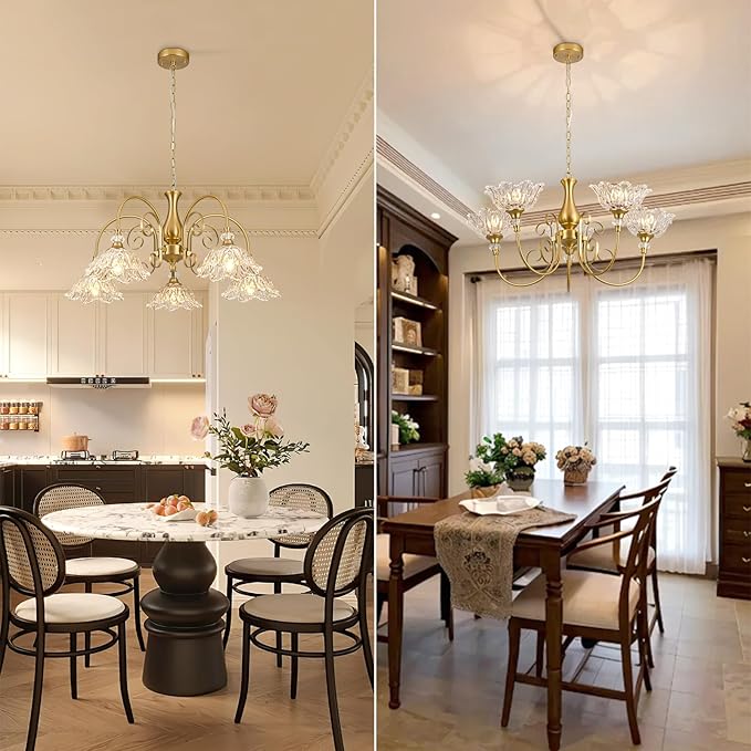 5-Light Vintage Chandeliers in Matte Brass Finish with Crystal Glass Shades, Retro Chandelier Light for Dining Room,Hallway,Kitchen