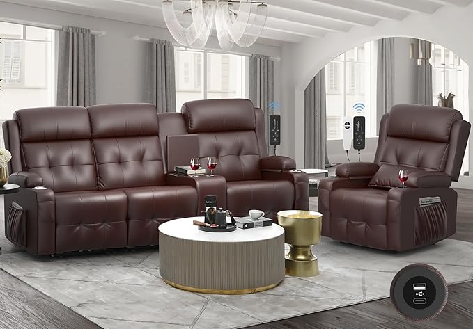 Recliner Sofa, 3 Seater Massage Reclining Loveseat Sofa Sets, 1 Single Power Recliner Chairs Heat & Massage, Heavy Weight Capacity, RV Clearance Love Seat Couch with Console, USB, Type C Port