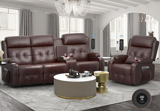 Recliner Sofa, 3 Seater Massage Reclining Loveseat Sofa Sets, 1 Single Power Recliner Chairs Heat & Massage, Heavy Weight Capacity, RV Clearance Love Seat Couch with Console, USB, Type C Port