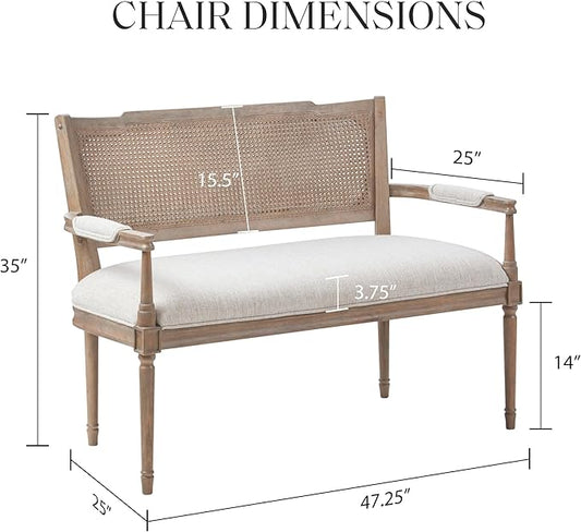 Madison Park Willshire Natural Rattan Settee, Upholstered Seat - Charming Country Design, Rustic Reclaimed Wood Finish, Ratan Insert Backrest & Padded Arm Rest, 47.25" Wide Beige/Reclaimed Natural