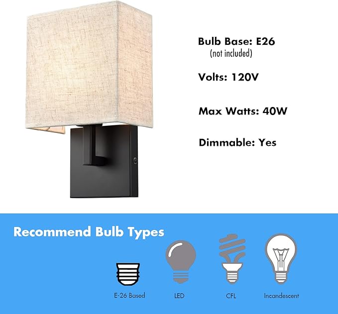 YUBOLE Industrial Wall Sconces Black Bedroom Wall Lamp with Khaki Slub Fabric Shade Dimmable Set of 2