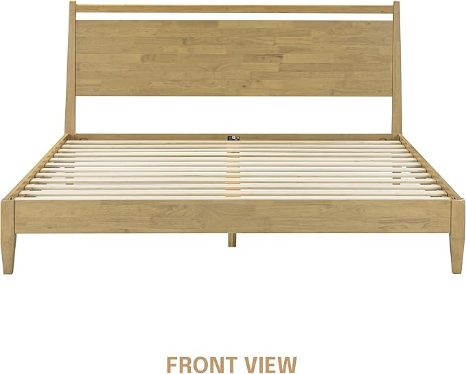 NTC Adept Wooden Bed Frame with Headboard, Solid Wood Foundation with Silent Slats and Wood Central Supports, 1000 Lb Capacity, Effortless Assembly, King - Sand