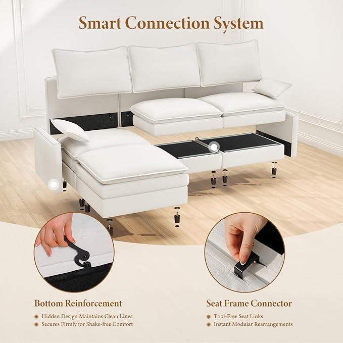 Vesgantti 108" U Shaped Sectional Couch, Comfy Cloud Modular Sectional Sofa with 2 Ottoman Deep Seat Chenille Modern Cloud Sofa, Modular Sofas for Living Room, Bedroom and Apartment, Snow White | Sink-in Comfort, Height Adjustable, Easy Rearrangement, ...