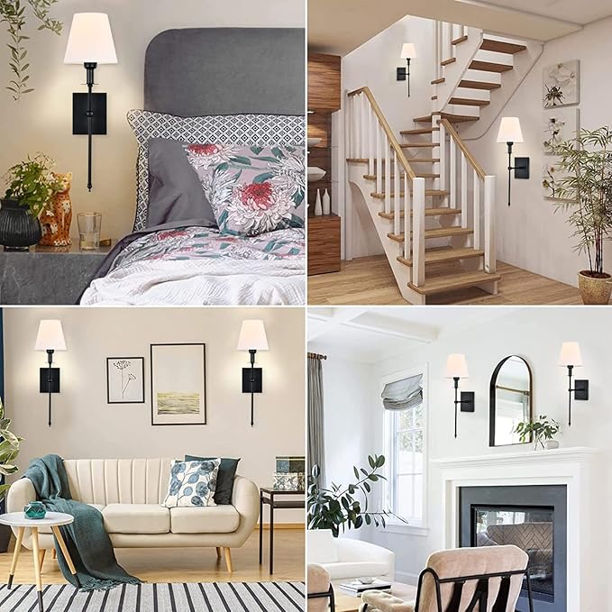 Pauwer Slim Wall Sconce Set of 2 White Fabric Shades Wall Sconce Hardwired Indoor Wall Light Column Stand Bedroom Wall Lamps Bathroom Vanity Light Fixture, Black