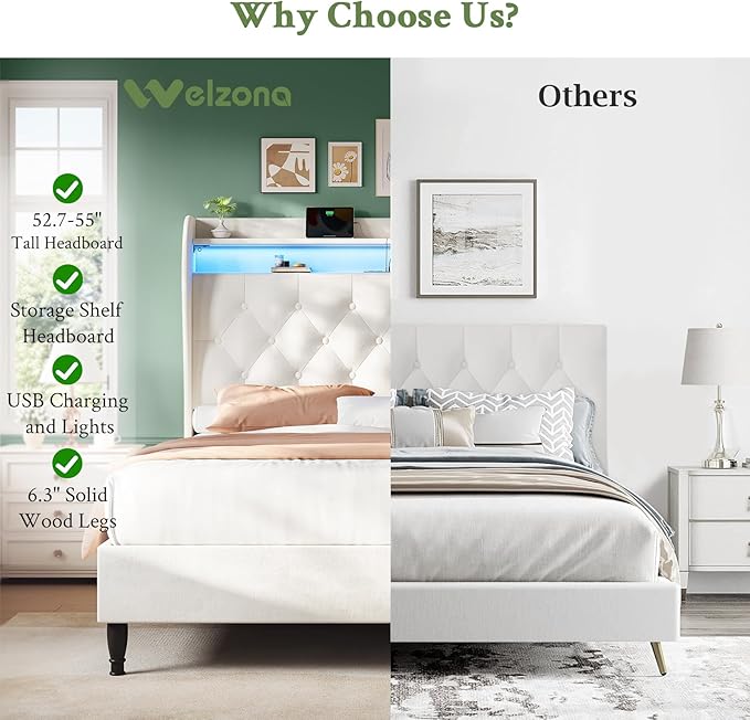 Queen Bed Frame with Tall Headboard, Velvet Upholstered Platform Bed with LED Lights & Charging Station, 52.7"-55" Adjustable/Modern Tufted Wingback Storage Headboard, No Box Spring Needed, Cream