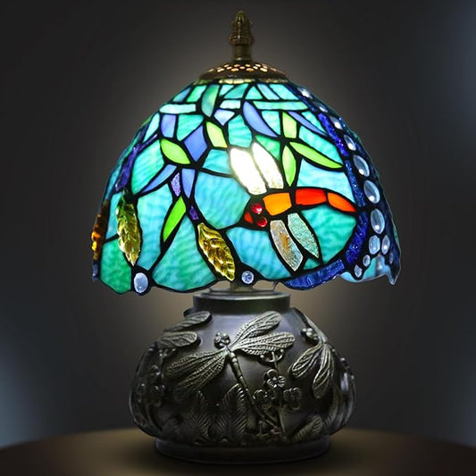 Small Tiffany Table Lamp,Stained Glass Lamp,8 Inch Mushroom Style Mini Vintage Desk Lights for Bedside, Bedroom,Nightstand,Living Room,3 Color Temperature (Wheat Ear Dragonfly)