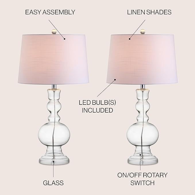 JONATHAN Y 28.5" Clear Glass Table Lamp Set of 2 for Living Room Bedroom Decor, Modern Bedside Lamps with White Linen Shade, LED Bulbs Included (JYL1061B-SET2)