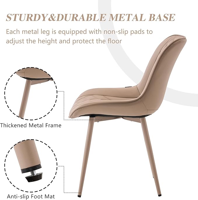 YOUNIKE Faux Leather Dining Chairs Set of 2 Mid-Century Modern High Padded Back Comfy Upholstered Kitchen Chairs with Metal Legs Wide Seat Accent Side Chair for Dining/Living/Waiting Room Khaki