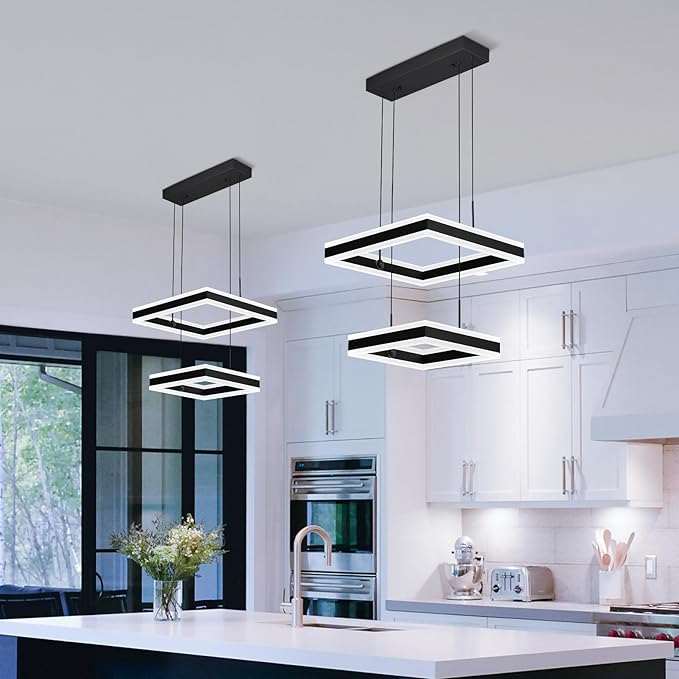 Modern Black Chandelier Foyer Ceiling Chandeliers 65W Dimmable LED Pendant Light Dining Room Light Fixture 2 Rings Square Chandelier for Kitchen Island Living Room Bedroom Hallway