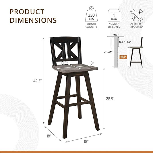 Lexicon Bar Height Bar Stools Set of 2-Solid Wood Frame 360° Swivel Wooden Stools, Foot Rest, KK Back, Wide Seat, Distressed Farmhouse Easy to Clean Finish, 28.5" SH, Antique Black/Grey