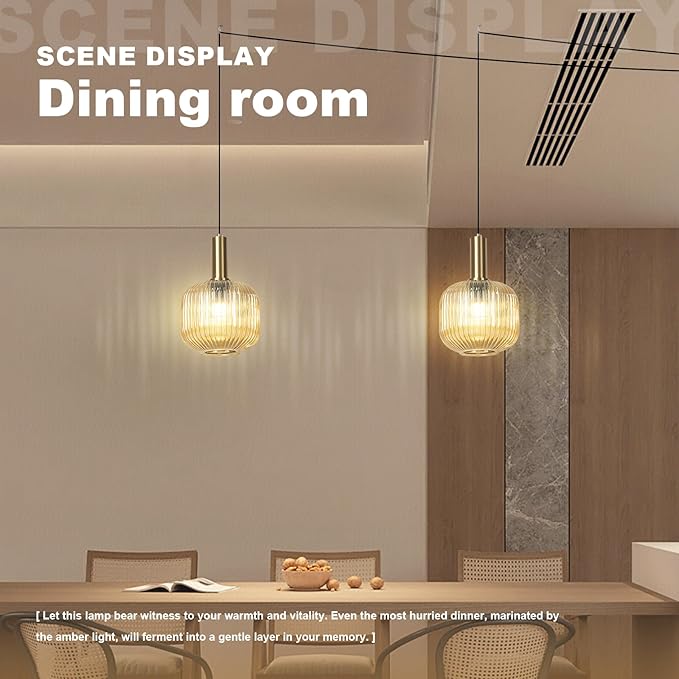 Plug in Light for Ceiling, Amber Glass Pendant Lights Gold Kitchen Island Hanging Lights Modern Mid Century Pendant Lights Globe Plug in Swag Lamps for Dining Room Living Room, 2 Pack