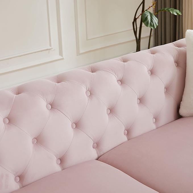 KEIKI 61" Luxury Oversized Velvet Chesterfield Sofa with 2 Pillows, Mid-Century Style 2-Seater Tufted Buttons Couch with High-Density Foam Cushions, Easy Assembly, for Apartment, Living Room, Pink